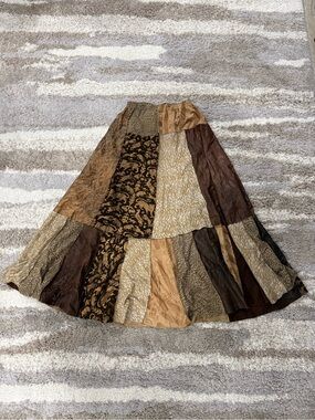 Patchwork Boho Maxi Skirt in Brown and Tan